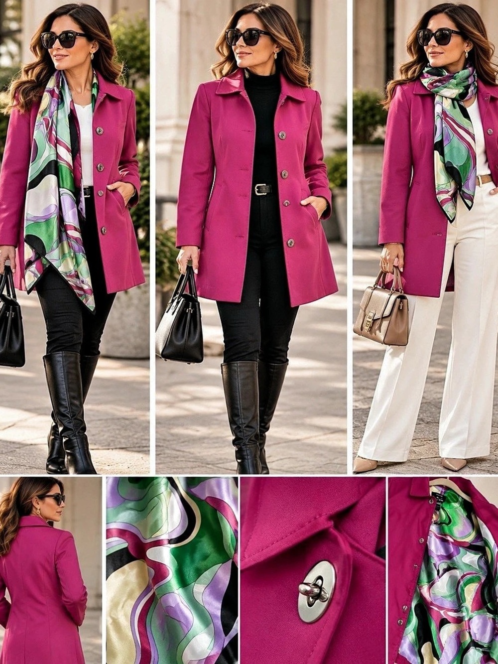 Dennis Basso M Magenta Fuchsia Coat Matching Scarf Colorful Lined Jacket